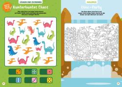 Buchcover mit dem Titel 'Super Dino-Power'. Bunte Illustrationen von Dinosauriern und Stickern.