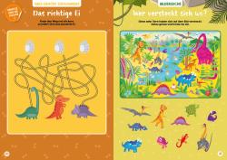 Buchcover mit dem Titel 'Super Dino-Power'. Bunte Illustrationen von Dinosauriern und Stickern.