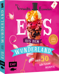 Buchcover mit dem Titel 'Eis aus dem Wunderland'. Bunte Eiskugel auf einer Waffel, pinker Hintergrund.