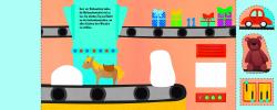 Bunte Weihnachtsgeschenke auf einer Bahn. Ein Textblock erklärt, dass kurz vor Weihnachten viel Arbeit an der Geschenkmaschine anfällt.