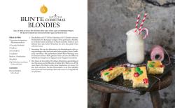 Rezepte für bunte Weihnachtskuchen, Zutatenliste und Zubereitung. Bild zeigt kleine Kuchen mit bunten Schokolinsen und einem Glas Milch mit Strohhalmen.
