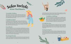 Grafik mit Überschrift Sieben Vorteile eines Hochbeets. Enthält eine Illustration einer Frau mit Gießkanne, Gartenbilder und Text in deutscher Sprache.