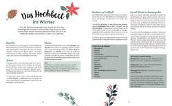 Doppelbild mit weihnachtlichem Design. Auf der linken Seite Text über das Hochbeet im Winter, auf der rechten Seite Tipps und Infos zu Gemüsesorten und Anbau im Februar.