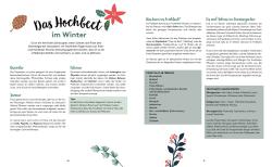 Grafik mit Überschrift Das Hochbeet im Winter. Darunter Textabschnitte zu Dezember, Februar, Januar, mit Tipps und Informationen. Dekorative Pflanzenmotive am unteren Rand.