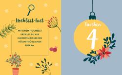 Hintergrund in gelb mit weißen Schneeflocken, links ein grüner Tannenzweig, rechts eine rote Blume. Text mit Hochbeet-Fakt und einem kleinen Beet-Symbol.