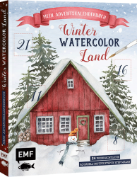 Adventskalenderbuch mit dem Titel Winter Watercolor Land. Abbildung eines roten Hauses im Schnee mit einem Schneemann.