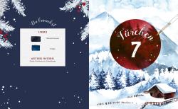 Adventskalender mit winterlicher Landschaft. Türchen 7 in rotem Kreis, Materialien und Farben auf der linken Seite.