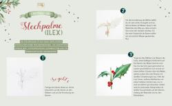 Illustration einer Stechpalme mit grünen Blättern und roten Beeren. Anleitung zur Aquarellmalerei ist sichtbar.