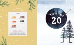 Zwei Seiten mit Weihnachtsmotiven. Links Farbpalette und Materialliste, rechts Türchen 20 mit Pinsel und Tannenbäumen.