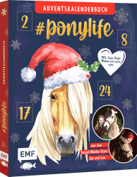 Adventskalenderbuch mit dem Titel #ponylife. Bunte Illustration eines Pferdes mit Weihnachtsmütze, zwei kleine Fotos von Mädchen mit Pferden, winterliche Schneeflocken im Hintergrund.