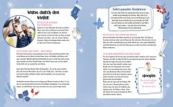 Blaue winterliche Doppelseite mit Text und kleinen Illustrationen. Enthält Tipps für kalte Jahreszeiten und Winterkleidung für Pferdefans.