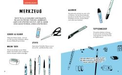 Grafik mit Werkzeugen zum Basteln und Kreativsein. Enthält Stifte, Schere, Kleber, Tape und Marker, alles in einer bunten, handgezeichneten Illustration.