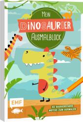 Buchcover mit dem Titel 'Mein Dinosaurier Ausmalblock'. Bunte Illustrationen von Dinosauriern. Ein fröhlicher Dinosaurier in der Mitte. Farbige Elemente und Pflanzen im Hintergrund.