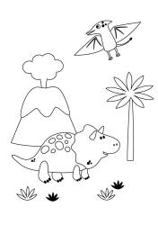 Buchcover mit dem Titel 'Mein Dinosaurier Ausmalblock'. Bunte Illustrationen von Dinosauriern. Ein fröhlicher Dinosaurier in der Mitte. Farbige Elemente und Pflanzen im Hintergrund.