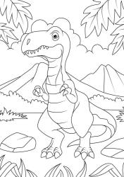 Buchcover mit dem Titel 'Mein Dinosaurier Ausmalblock'. Bunte Illustrationen von Dinosauriern. Ein fröhlicher Dinosaurier in der Mitte. Farbige Elemente und Pflanzen im Hintergrund.