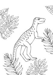 Buchcover mit dem Titel 'Mein Dinosaurier Ausmalblock'. Bunte Illustrationen von Dinosauriern. Ein fröhlicher Dinosaurier in der Mitte. Farbige Elemente und Pflanzen im Hintergrund.