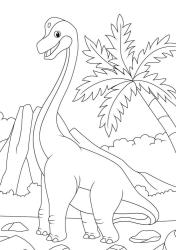 Buchcover mit dem Titel 'Mein Dinosaurier Ausmalblock'. Bunte Illustrationen von Dinosauriern. Ein fröhlicher Dinosaurier in der Mitte. Farbige Elemente und Pflanzen im Hintergrund.