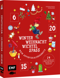Rotes Adventskalenderbuch mit weihnachtlichen Motiven, Zahlen 6, 15, 20, 24. Enthält Anregungen zum Basteln und Backen für die Weihnachtszeit.