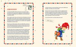 Weihnachtsbrief mit rotem, weißen und blauen Rahmen. Enthält eine Illustration eines Kindes mit rotem Hut, das eine Geschenkbox trägt.