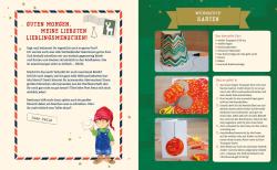 Weißes Briefpapier im DIN A4 Format mit rotem, blauen und weißen Zickzackrand. Darauf eine Weihnachtskarte mit buntem Kreis und schwarzem Filzstift, daneben Schere, Kleber und Schneidewerkzeug.