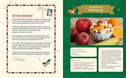Brief mit rot-blau gestreiftem Rand, Weihnachtsdeko mit Mistelzweig, Text über Obstsalat, Bilder von Äpfeln, Orangen, Banane und Obstsalat.