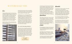 Seiten mit Text über Garnarten und -verwendung, inklusive Fotos von Garnrollen und Zubehör. Farbige Akzente auf den Seiten, hauptsächlich beige und weiß.