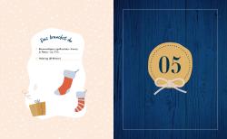 Weihnachtliche Illustration mit zwei Socken und einem Geschenk. Der Hintergrund ist beige mit weißen Punkten, die rechte Seite ist dunkelblau mit einer gelben Zahl fünf und einer Schleife.