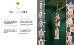 Makramee Wanddeko mit Holzring und weißen Kordeln, verschiedene Designs. Deko für Weihnachten mit Tannenzweigen und Lichterkette, eine kleine Nikolausfigur im Korb. Verschiedene Anleitungen für Makramee-Objekte, Bilder zeigen die einzelnen Schritte.