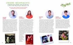 Vier portraits von Menschen mit kurzen Texten darunter, dazu weihnachtliche Dekorationen und Fotos. Die Bilder sind in quadratischer Form und farbig.