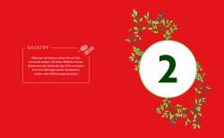 Rotes Hintergrund mit grünen und blauen dekorativen Zweigen. In der Mitte weiße Kreisfläche mit dunkler Zahl zwei. Linke Seite Text mit Backtipps in deutscher Sprache.