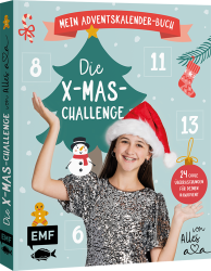 Cover eines Adventskalender-Buchs mit Weihnachtsbaum und Mädchen in Weihnachtsmütze. Enthält Titel und weihnachtliche Dekorationen.