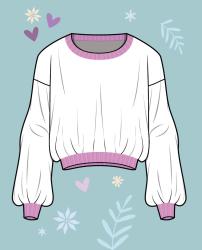 Weißer Pullover mit lila Bündchen am Hals, an Ärmeln und Saum. Das Design ist schlicht mit leichten Falten im Stoff.