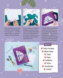 Anleitung zum Basteln einer Weihnachtskarte. Verschiedene Materialien wie buntes Tonpapier, weiße Papiere, Schere, Kleber, Perlen, Draht, Schere, Stift und Glitzer sind sichtbar. Die Bilder zeigen die einzelnen Schritte der Herstellung.