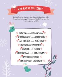 Weihnachtliches Design mit Schneeflocken, Weihnachtsbaum und Geschenken. Enthält eine Liste mit Lieblingssachen zu Weihnachten.
