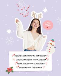 Junge Frau mit braunen Haaren trägt weihnachtliche Reh-Haube. Hintergrund mit Schneeflocken, Sternen und Weihnachtsdeko. Aufschrift mit Weihnachts- und Silvesterideen.