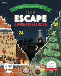 Cover eines Adventskalenders mit dem Titel 'Mein Escape Adventskalender'. Grafische Darstellung von Weihnachtsmotiven und Zahlen für die Tage bis Weihnachten.