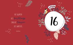 Hintergrund in dunklem rot mit weißen, blauen und grünen Dekorationen. Enthält ein Zitat von Khalil Gibran und eine große weiße Kreiszahl 16 mit Blumen und Vogel.