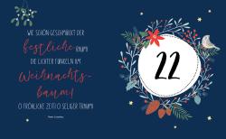 Weihnachtskarte mit dunkelblauem Hintergrund, weißem Kreis mit der Zahl 22, umgeben von winterlichen Zweigen, Beeren, Tannenzapfen und Vögeln. Text in weißen und roten Schriftzügen.