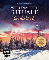 Buchcover mit dem Titel 'Weihnachtsrituale für die Seele'. Winterlandschaft mit schneebedeckten Bäumen und einem farbenfrohen Himmel.