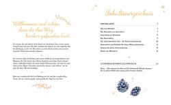 Offenes Buch mit Inhaltsverzeichnis auf zwei Seiten. Das Design ist in hellen, warmen Farben mit kleinen Dekorationssymbolen.