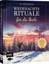 Buch mit Titel Weihnachtsrituale fur die Seele. Cover zeigt eine winterliche Landschaft mit Schnee, Bäumen und einem bunten Himmel.