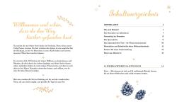 Offenes Buch mit Titel Inhaltsverzeichnis, auf der rechten Seite. Die Seite ist weiß mit goldenen Akzenten und kleinen Sternen sowie Zapfen-Dekor am unteren Rand.