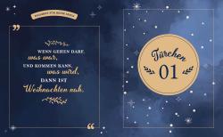 Hübsches Weihnachtskarten-Design mit dunklem blauen Hintergrund, weißen Sternen und einem beigen Kreis mit der Aufschrift Tuerchen 01. Linke Seite mit weissem Text und kleinen Dekorationen.