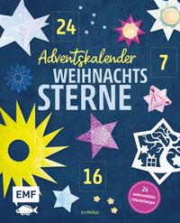 Buchcover für Adventskalender mit dem Titel 'Weihnachtssterne'. Bunte Sterne auf dunklem Hintergrund.