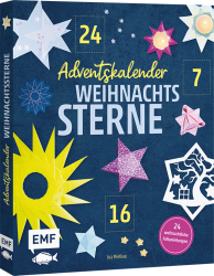 Blaues Buchcover mit bunten Sternen und der Aufschrift Adventskalender Weihnachtssterne. Enthält 24 Anleitungen für Weihnachtsdekorationen.
