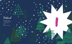 Weißes Papier im quadratischen Format mit Maßen 21 x 21 cm. Enthält Anweisungen für ein Bastelprojekt mit Stern- und Tannenbaum-Motiven.