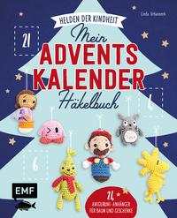 Buchcover mit dem Titel 'Mein Adventskalender Haeckelbuch'. Illustrationen von gehäkelten Figuren auf blauem Hintergrund.
