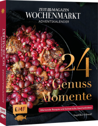 Buchcover mit dem Titel Wochenmarkt Adventskalender. Dunkler Hintergrund mit einem Gericht aus Fleisch, Beeren und Kräutern. Goldene und rote Schriftzüge.