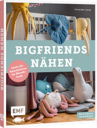 Buchcover mit dem Titel 'BIGFRIENDS NÄHEN'. Bunte, plüschige Meeresbewohner in einem Kinderzimmer.