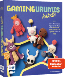 Buchcover mit dem Titel 'GAMINGURUMIS häkeln'. Figuren aus Videospielen wie Minecraft und Zelda sind abgebildet.